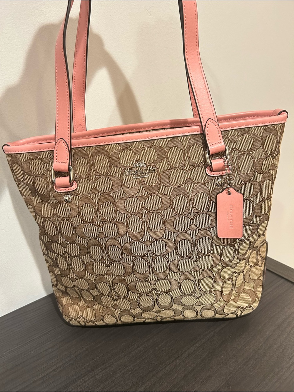 Coach Signature Canvas Logo Khaki/Pink Tote EUC